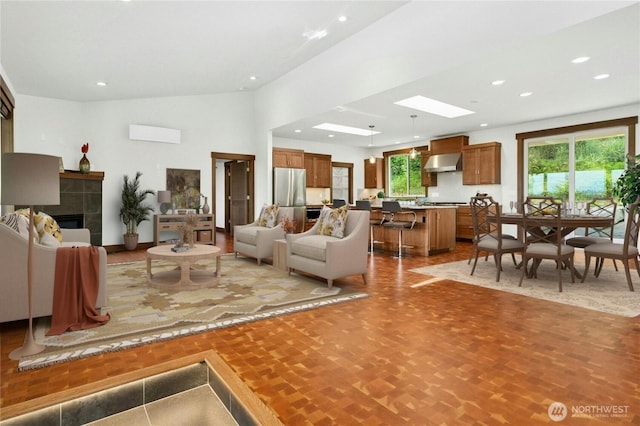 13830 Old Snohomish Monroe Rd, Snohomish, WA 98290 - living room with recessed lighting, a skylight, and a fireplace