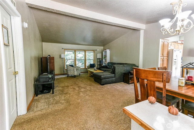 4508 36th Ct SE, Lacey, WA 98503 - living area with a chandelier, carpet flooring, lofted ceiling, and a textured ceiling