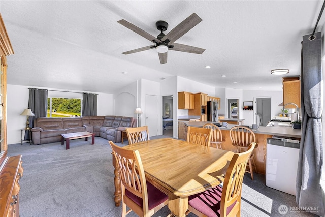 8654 Valley View Rd, Custer, WA 98240 - carpeted dining space with a ceiling fan, a textured ceiling, and lofted ceiling