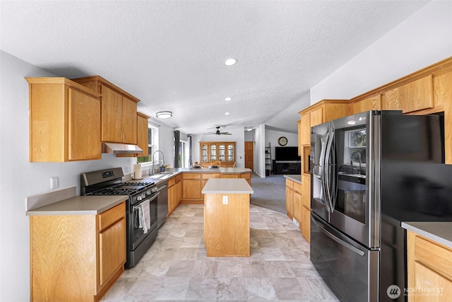 8654 Valley View Rd, Custer, WA 98240 - kitchen featuring appliances with stainless steel finishes, a textured ceiling, under cabinet range hood, a peninsula, and a ceiling fan