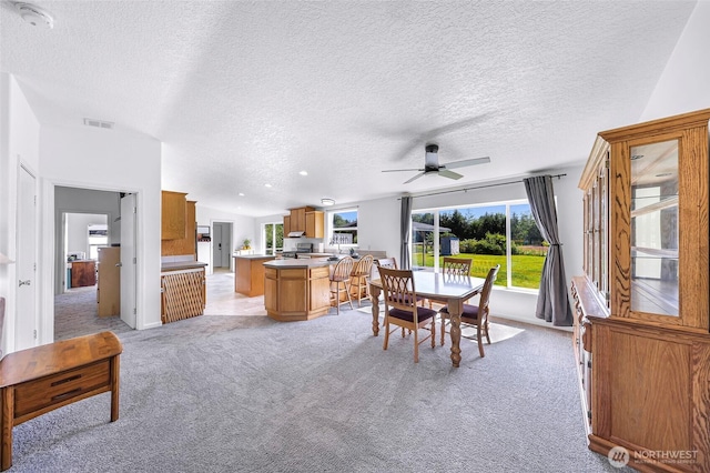 8654 Valley View Rd, Custer, WA 98240 - dining area featuring a textured ceiling, light carpet, and ceiling fan