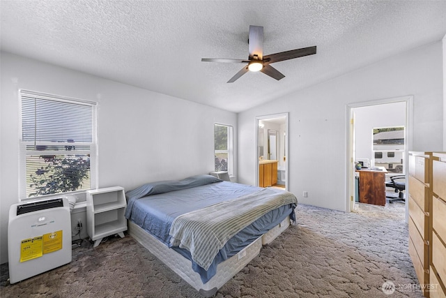 8654 Valley View Rd, Custer, WA 98240 - carpeted bedroom with vaulted ceiling, a textured ceiling, ceiling fan, ensuite bathroom, and a desk