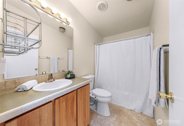 8654 Valley View Rd, Custer, WA 98240 - bathroom with vanity, a textured ceiling, tile patterned flooring, and a shower with curtain