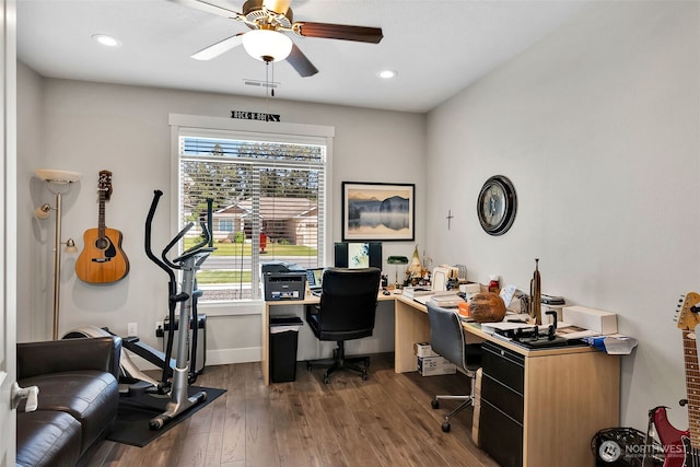 9511 W Floyd Dr, Cheney, WA 99004 - home office with plenty of natural light, a ceiling fan, wood finished floors, and recessed lighting