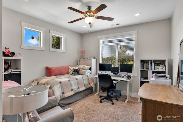 9511 W Floyd Dr, Cheney, WA 99004 - bedroom with carpet flooring, an office area, recessed lighting, and a ceiling fan