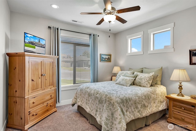 9511 W Floyd Dr, Cheney, WA 99004 - bedroom featuring light colored carpet, recessed lighting, and ceiling fan