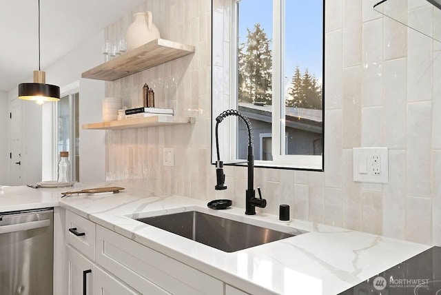 2500 S 370th Unit 227, Federal Way, WA 98003 - kitchen with dishwasher, tasteful backsplash, white cabinets, open shelves, and light stone countertops