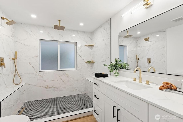 2500 S 370th Unit 227, Federal Way, WA 98003 - bathroom featuring vanity, a marble finish shower, and recessed lighting