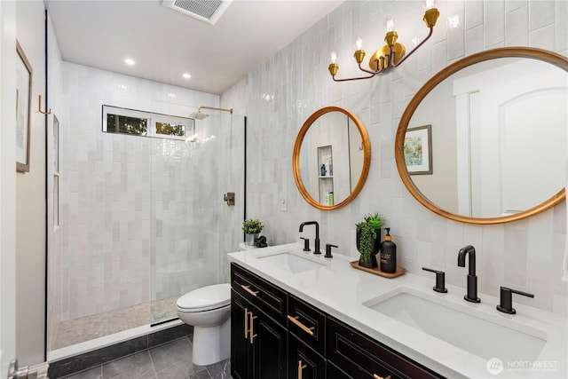 230 155th Pl SE, Bothell, WA 98012 - full bathroom featuring tile walls, double vanity, tiled shower, backsplash, and recessed lighting