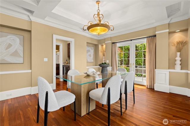 2530 39th Ave E, Seattle, WA 98112 - dining space featuring french doors, ornamental molding, wood finished floors, and coffered ceiling