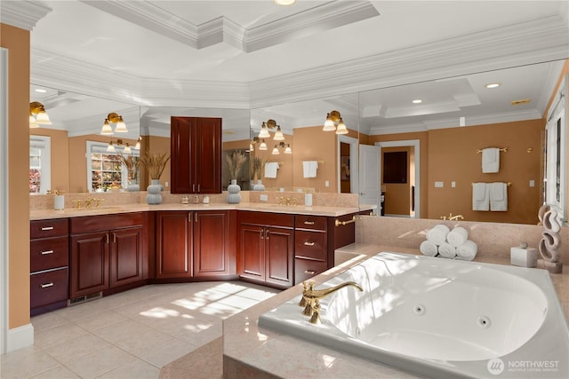 2530 39th Ave E, Seattle, WA 98112 - bathroom featuring a tray ceiling, vanity, a jetted tub, tile patterned floors, and ornamental molding