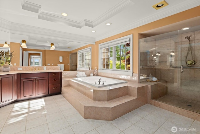 2530 39th Ave E, Seattle, WA 98112 - full bathroom featuring tile patterned flooring, a garden tub, vanity, a stall shower, and ornamental molding