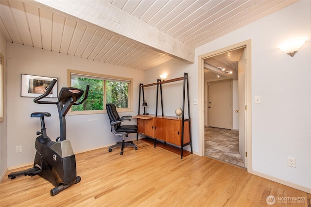 2641 E Bay St, Port Angeles, WA 98362 - workout room with wood finished floors and wood ceiling