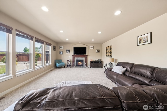 17116 138th Ave E, Puyallup, WA 98374 - carpeted living room with recessed lighting and a fireplace with flush hearth