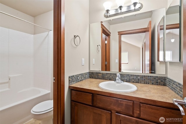 2309 43rd Ave SE, Puyallup, WA 98374 - full bath featuring tasteful backsplash, vanity, shower / washtub combination, and vaulted ceiling