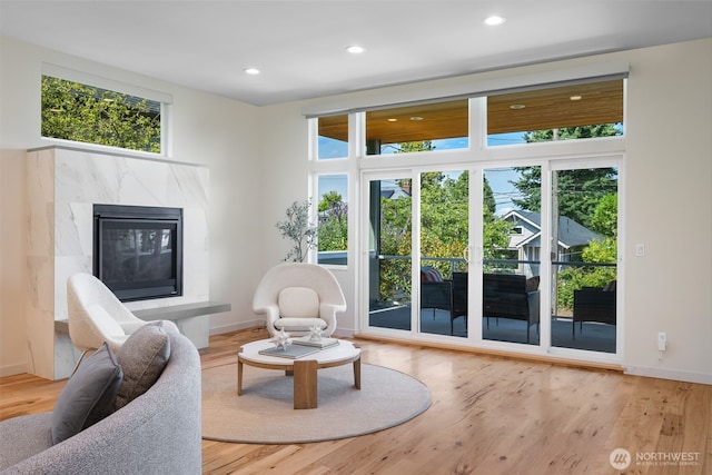 6012 Palatine Ave N, Seattle, WA 98103 - living area with healthy amount of natural light, wood finished floors, a high end fireplace, and recessed lighting