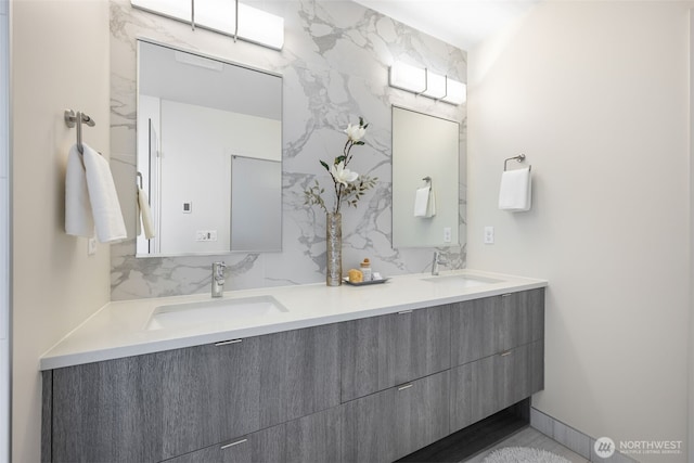 6012 Palatine Ave N, Seattle, WA 98103 - bathroom featuring double vanity and decorative backsplash