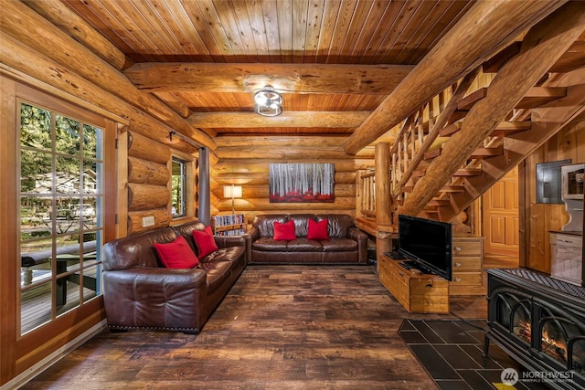 7010 Rainier Way, Deming, WA 98244 - living room featuring a wood stove, hardwood / wood-style flooring, rustic walls, and a wooden ceiling with exposed beams