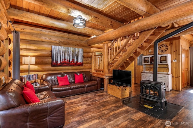 7010 Rainier Way, Deming, WA 98244 - living area featuring a wood stove, a wood ceiling with exposed beams, wood finished floors, log walls, and stairs
