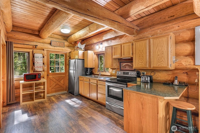 7010 Rainier Way, Deming, WA 98244 - kitchen with stainless steel appliances, a wooden ceiling with exposed beams, dark wood-style flooring, dark countertops, and a peninsula