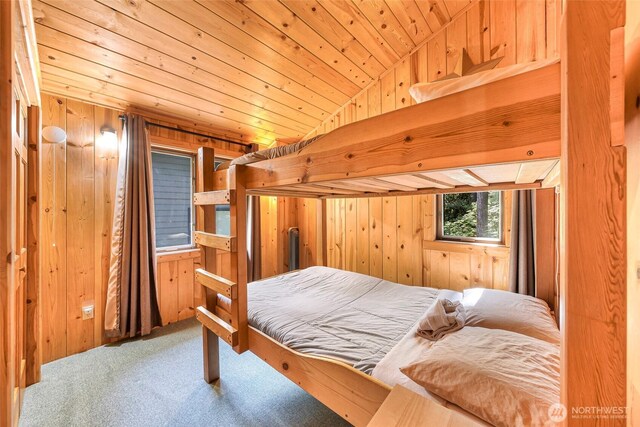 7010 Rainier Way, Deming, WA 98244 - bedroom featuring wooden walls, carpet, and wood ceiling