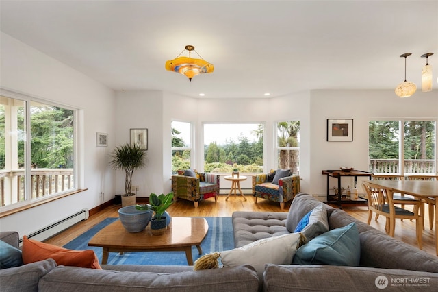 788 P St, Port Townsend, WA 98368 - living area with baseboard heating, wood finished floors, a baseboard heating unit, and recessed lighting