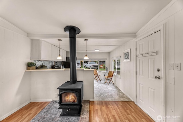 316 W Lake Samish Dr Unit 21, Bellingham, WA 98229 - living area featuring a wood stove and light wood-type flooring