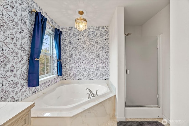 11 Condra Rd, Copalis Beach, WA 98535 - bathroom featuring a stall shower, a garden tub, vanity, and wallpapered walls