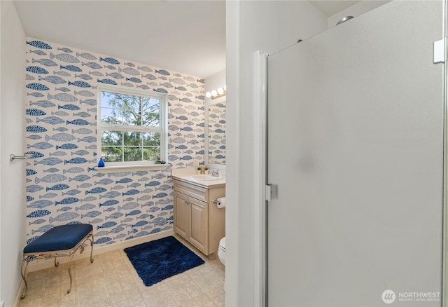 11 Condra Rd, Copalis Beach, WA 98535 - full bathroom with wallpapered walls, vanity, and a stall shower