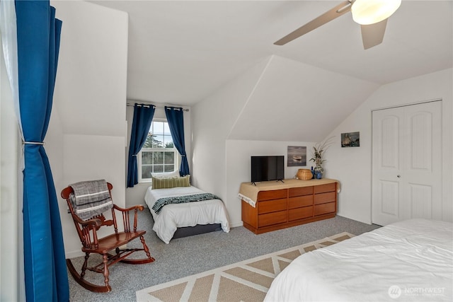 11 Condra Rd, Copalis Beach, WA 98535 - bedroom featuring ceiling fan, vaulted ceiling, and carpet flooring