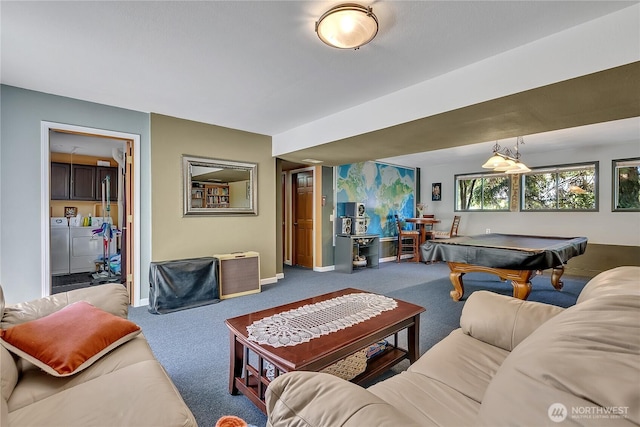 5103 S 302nd Pl, Auburn, WA 98001 - carpeted living room featuring washing machine and clothes dryer and billiards table