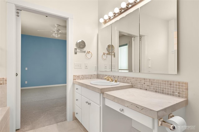 2011 Eldridge Ave, Bellingham, WA 98225 - bathroom with vanity, ceiling fan, backsplash, and tile patterned flooring