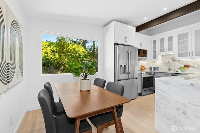 14517 SE 41st Ln, Bellevue, WA 98006 - dining space with light wood finished floors, beamed ceiling, and recessed lighting