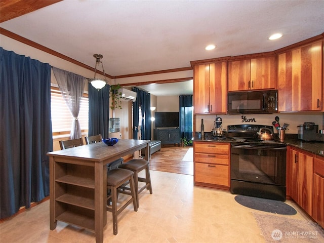 136 W 13th St, Port Angeles, WA 98362 - kitchen with black appliances, brown cabinets, dark countertops, a wall unit AC, and recessed lighting