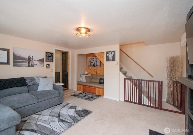 136 W 13th St, Port Angeles, WA 98362 - carpeted living room featuring stairway