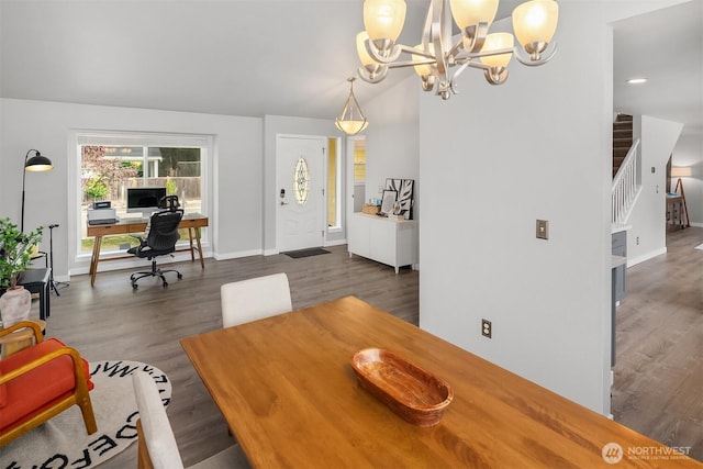 23619 SE 245th St, Maple Valley, WA 98038 - dining space featuring stairs, wood finished floors, a chandelier, an office area, and vaulted ceiling