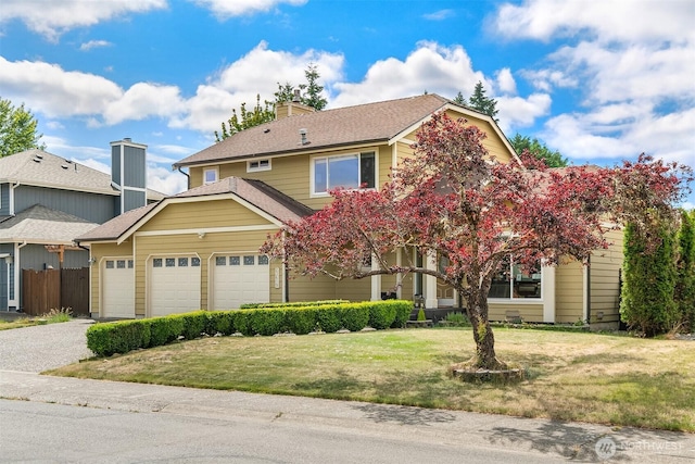 23619 SE 245th St, Maple Valley, WA 98038 - view of front of property featuring an attached garage, asphalt driveway, a front lawn, and a chimney