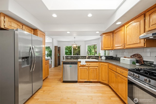 3204 30th St, Bellingham, WA 98225 - kitchen featuring stainless steel appliances, a peninsula, light wood-type flooring, backsplash, and recessed lighting