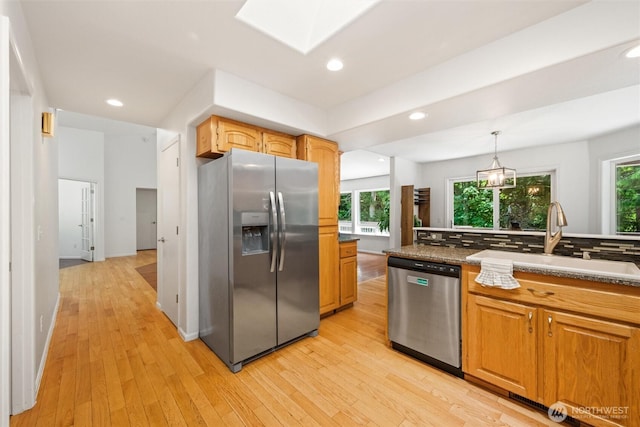 3204 30th St, Bellingham, WA 98225 - kitchen featuring appliances with stainless steel finishes, light wood-style floors, plenty of natural light, pendant lighting, and recessed lighting