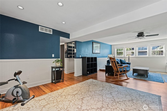 14618 SE 275th Pl, Kent, WA 98042 - office with hardwood / wood-style flooring, wainscoting, ceiling fan, and recessed lighting