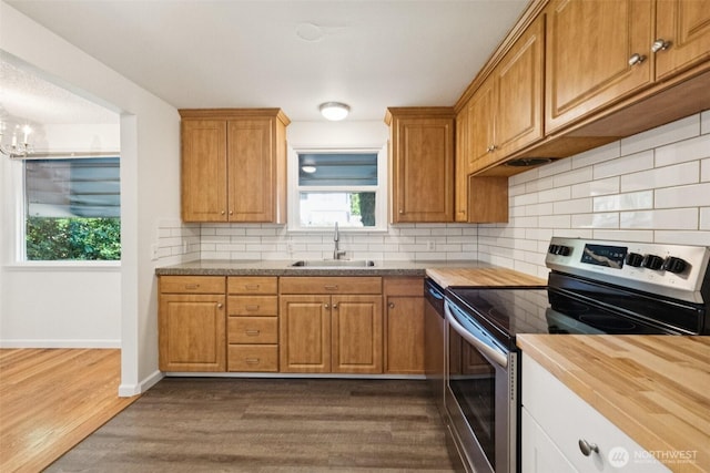 14326 Meridian Ave N, Seattle, WA 98133 - kitchen with electric range, dark wood-type flooring, wood counters, tasteful backsplash, and brown cabinets