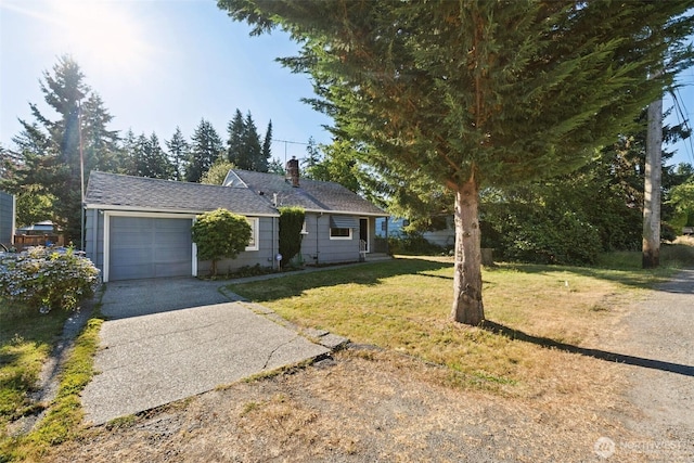 14326 Meridian Ave N, Seattle, WA 98133 - ranch-style house with driveway, a garage, a chimney, and a front yard