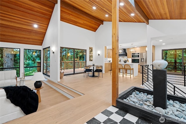 9320 Hoeder Ln, Bothell, WA 98011 - living area with wooden ceiling, high vaulted ceiling, recessed lighting, and light wood-style flooring
