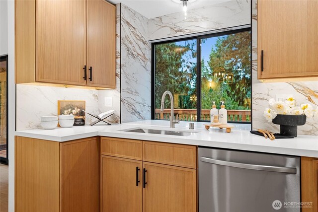 9320 Hoeder Ln, Bothell, WA 98011 - kitchen featuring dishwasher, light countertops, and decorative backsplash