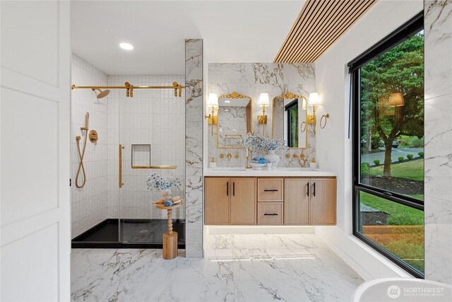 9320 Hoeder Ln, Bothell, WA 98011 - bathroom featuring vanity, tiled shower, and marble tiled floors
