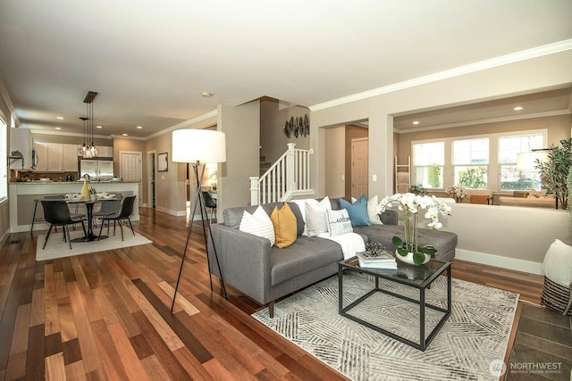 12530 68th Ave SE, Snohomish, WA 98296 - living room featuring stairs, ornamental molding, dark wood-style floors, and recessed lighting