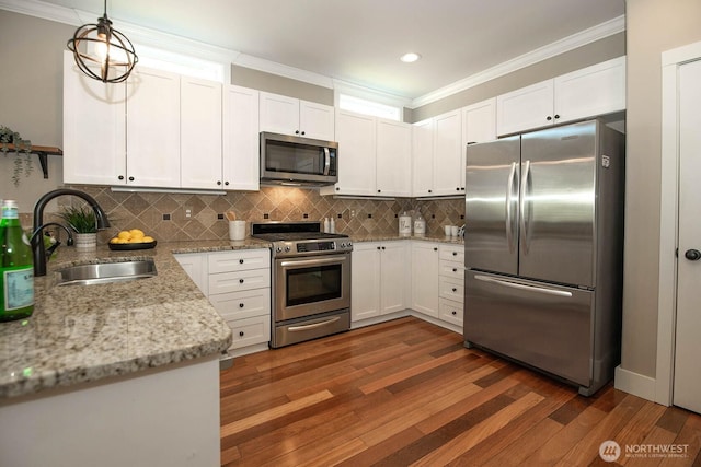 12530 68th Ave SE, Snohomish, WA 98296 - kitchen with appliances with stainless steel finishes, ornamental molding, dark wood-style floors, white cabinetry, and light stone counters
