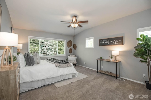 12530 68th Ave SE, Snohomish, WA 98296 - bedroom featuring carpet, vaulted ceiling, and a ceiling fan