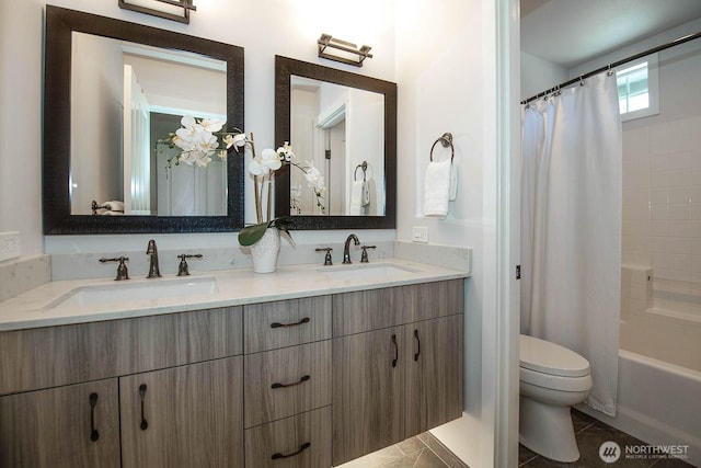 12530 68th Ave SE, Snohomish, WA 98296 - bathroom featuring double vanity, shower / bath combo with shower curtain, and tile patterned flooring