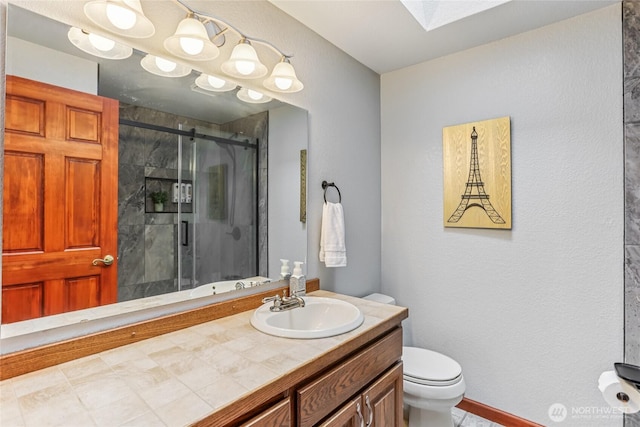 1435 S 263rd Pl, Des Moines, WA 98198 - full bath with a stall shower, vanity, and a skylight